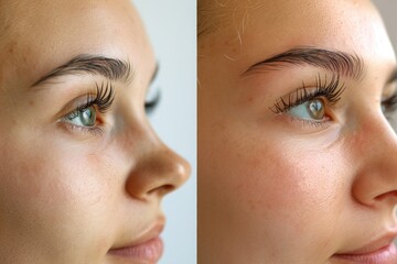 Two photos of young woman before and after eyelash extension procedure