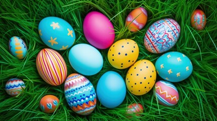Fototapeta na wymiar colorful easter eggs on grass background