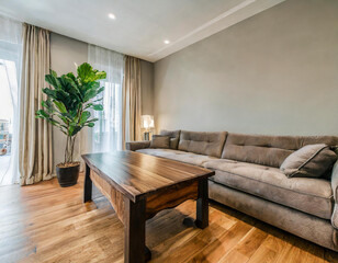Elegant home living room interior with sophisticated seating and a polished wooden table. A mockup wall allows for personalization and artistic expression.