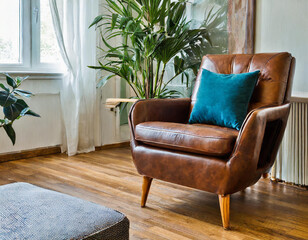 Elegant modern wooden living room with leather mid century armchair. Close up