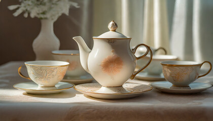 Fototapeta na wymiar Elegant still life with fine china. Regal hues, intricate patterns. Arrangement of fine china teacups and saucers. Delicate details and soft shadows create an atmosphere of refined elegance.