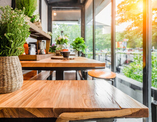 Fototapeta premium Empty wooden table and coffee shop blur background with bokeh image.