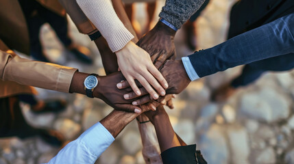 A top-down view of a group of friends stacking their hands together, symbolizing unity, teamwork, and mutual support in a casual setting.