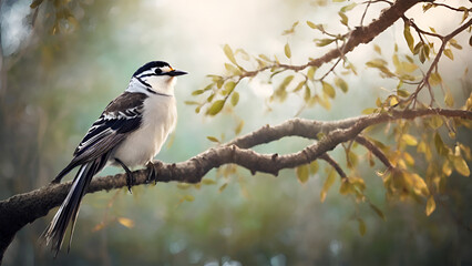 Fototapeta premium A bird sits on a branch with a blurred background 