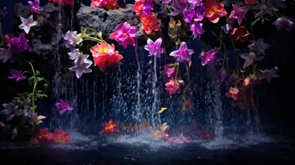 Fotobehang A beautiful scene with a waterfall and flowers. Neural network AI generated art © mehaniq41