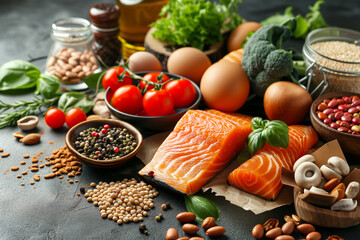 Healthy diet, nutrition food rich in vitamins and omega-3 concept, assorted fresh vegetables, green salad, fruit, fish salmon, nuts, blueberries healthy nutrition or anti-inflammatory diet - 709873323