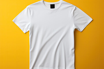 white t-shirt lies on a yellow background, with copy space, Flat lay, top view, for print, product presentation, product display, Generative AI