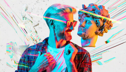 Glitch effect. Colorful design with man with antique statue head dancing over white background. Hipster. Contemporary art collage. Concept of creativity, imagination
