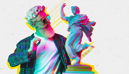 Obraz premium Glitch effect. Colorful design with man with antique statue head dancing over white background. Hipster. Contemporary art collage. Concept of creativity, imagination