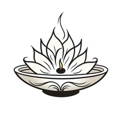 Burning candle in the shape of a Lotus flower, coloring book. Diwali, dipawali Indian festival of light, picture on white isolated background.
