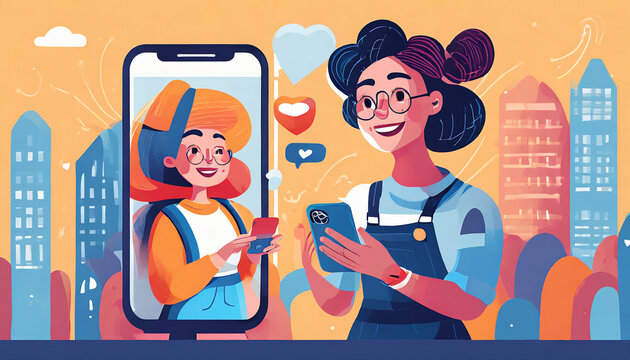 Girl is holding a phone where her boyfriend is pictured. Meeting website, social network. Modern flat vector illustration.