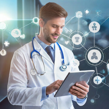 Global Health Network Concept Doctor with Digital Tablet and Laptop, Online Medical Technology, banner