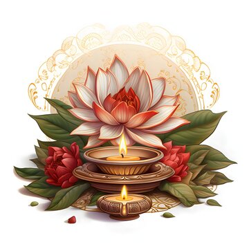 Red Lotus Flower with burning candles. Diwali, dipawali Indian festival of light, picture on white isolated background.