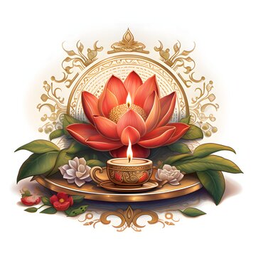 Red Lotus Flower with burning candles. Diwali, dipawali Indian festival of light, picture on white isolated background.