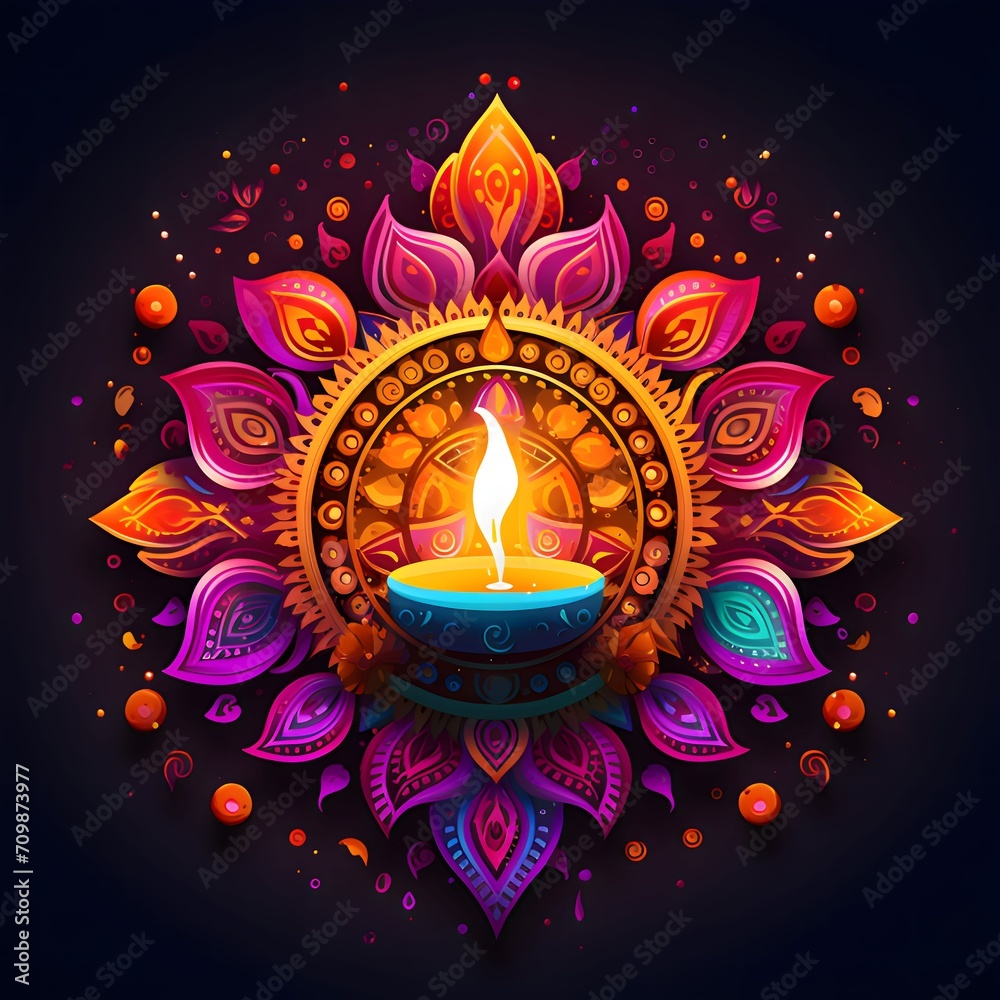 Wall mural Lotus symbol, light and a burning candle on a dark background. Diwali, the dipawali Indian festival of light.