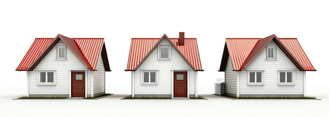 Three White Houses With Red Roofs on White Background