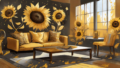 Golden sunflower sanctuary. Sunflower prints, warm golds. Contemporary furniture, metallic accents. A cozy and inviting space inspired by the warmth of golden sunflowers.