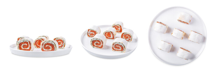 Salmon dill cream cheese pinwheels on a white isolated background