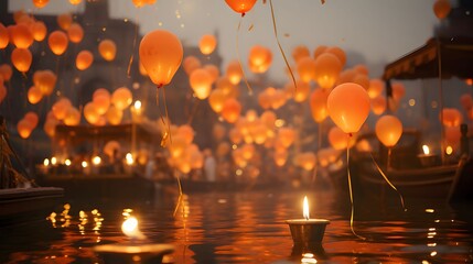 Floating on the water burning lanterns with candles flying off orange balloons into the sky, Hindu temples in the background. Diwali, the dipawali Indian festival of light.