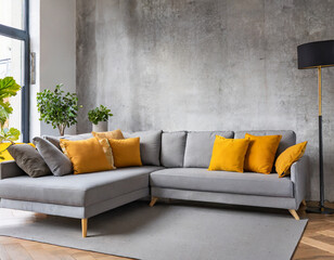 Grey corner sofa with mustard color pillows against concrete wall. Scandinavian home interior design of modern living room.
