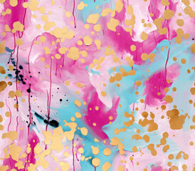 Abstract painting, pink, mint and gold. Cheetahs pattern style.