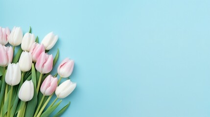 Mother's Day Tulip Bouquet: Top View Photo on Pastel Pink Background with Copyspace for Promotional Content