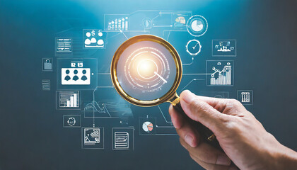 Hand holding magnifier to analysis portfolio management, Steps planning for development and business concept.
