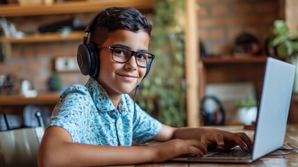 Smiling young boy wearing glasses and headphones, using a laptop, participating in an online class