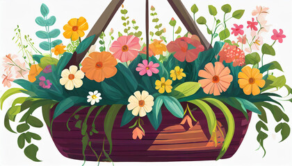 Hanging basket with flowers. Vector illustration. Trailing plants for a summer garden.