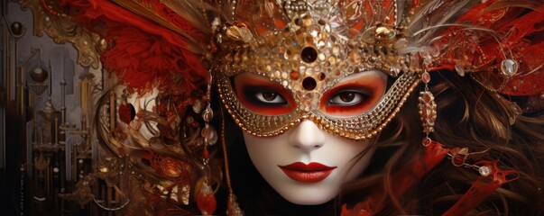 Colorful masks and costumes at traditional Carnival in Venice. Beautiful woman in mysterious mask. Venetian carnival. Mardi Gras, masquerade party or holiday event