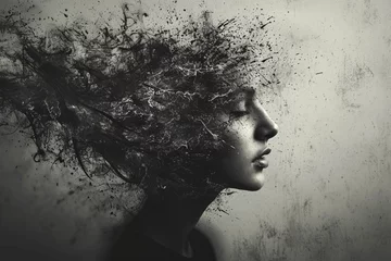 Foto auf Acrylglas In monochrome style, the girl's face in profile on a gray background, the girl's hair and head are covered with splashes of black and gray paint, anxiety in the head and a mask of calm on the face © Юлия Журина