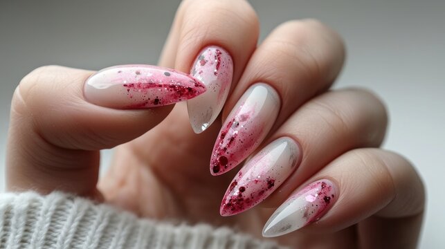 close-up of a hand with a beautiful cat manicure of pink pearl color on a light background, banner