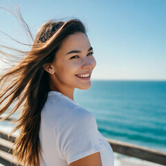 Happy beautiful young woman smiling at the beach side. Delightful girl enjoying sunny day out. Healthy lifestyle concept with female laughing outside.