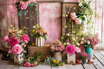 Fototapeta na wymiar spring set up with colourful flowers pink , vintage wood parquet.