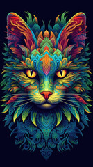 Blue cat head on black background. Vertical animal poster with vivid color patterns. Tattoo, notebook cover, print concept