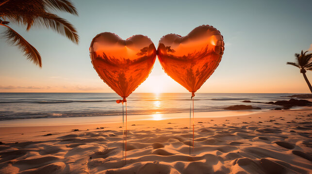 Product photograph of heart shaped balloons tied to ground in the sand on a tropical beach. Sunlight. Palm trees. Crashing waves. Red color palette. Objects. 