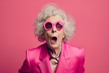 Surprised Mature Woman with Glasses with Big Hair on an Pink Background with Space for Copy. Colorful studio portrait of eccentric elderly granny wearing pink suit with bow tie and sunglasses,