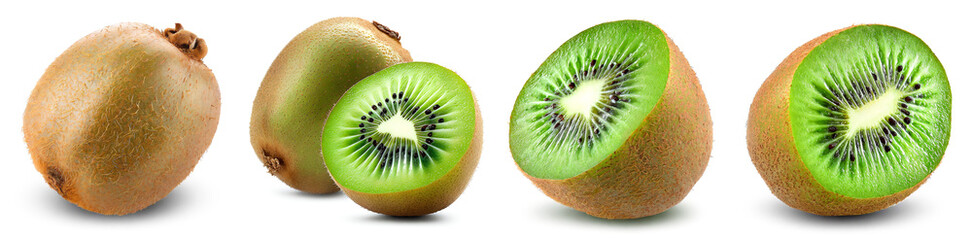 Set of sliced and whole kiwi on white. Collection of isolated photos of fruits