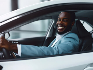 Obraz premium a happy stylish caucasian man in light blue suit is driving white car, Sale transport concept.
