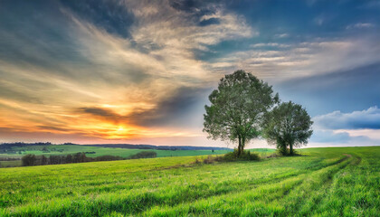 Obraz premium HDR landscape with two trees in a field at sunset