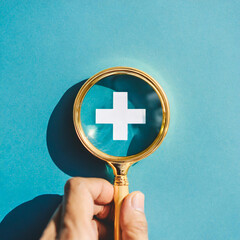 Health insurance healthcare medical concept. Hand people holding Magnifier focus to plus symbol icon, health and access to welfare health concept.
