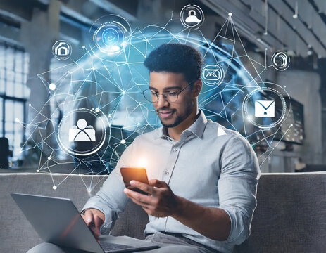 Internet of Things IoT, digital marketing, E-commerce, global business concept. Man using mobile phone and laptop computer with digital technology, internet network connection