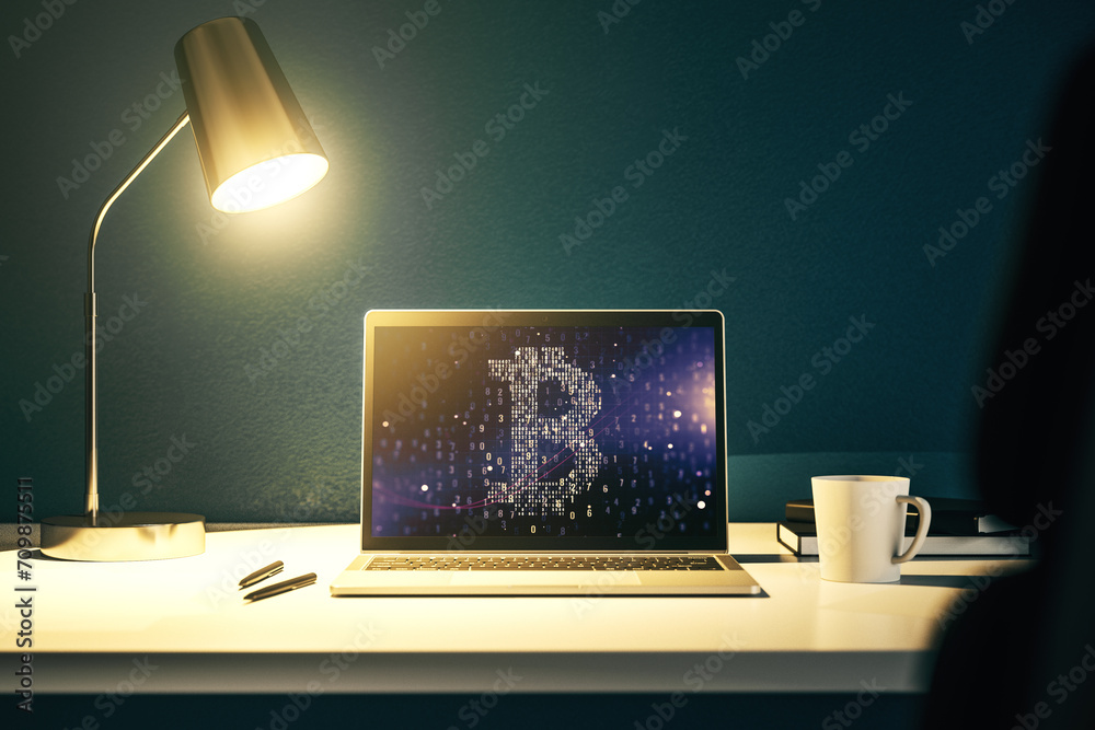 Poster creative bitcoin concept on modern laptop screen. 3d rendering