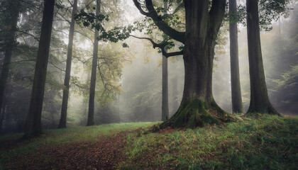 Obraz premium mysterious forest with dark vintage tree on a misty day
