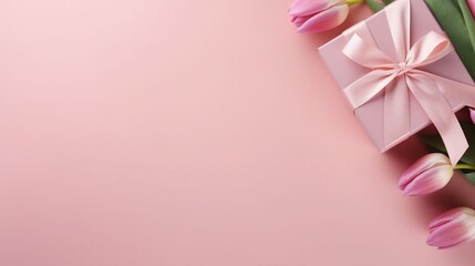 Mother's Day Concept: Stylish Pink Giftbox and Tulip Bouquet Top View on Isolated Pastel Pink Background with Copyspace for Text or Promotional Content - Spring Celebration and Motherhood