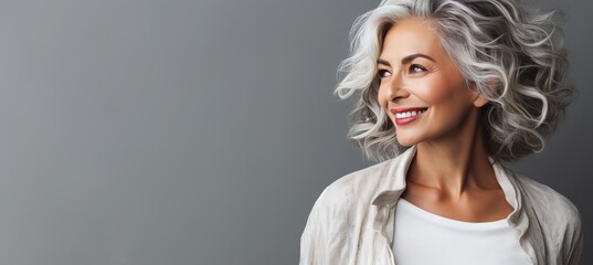Naklejka premium Joyful senior woman with grey hair laughing, close up portrait on grey wall with copy space on right