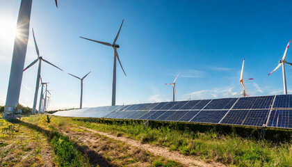 Renewable energy landscape with solar panels and wind turbines under a clear blue sky, harnessing the power of the sun and wind for sustainable electricity.