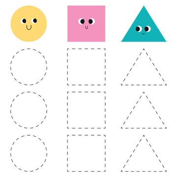 Handwriting practice for kids.  Trace worksheet with shapes. Circle, square and triangle.