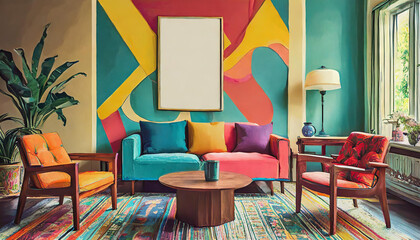  Retro-chic living room design with funky seating and a vibrant wooden table. The mockup wall brings a contemporary edge, offering a canvas for personalized displays within the eclectic and colorful d