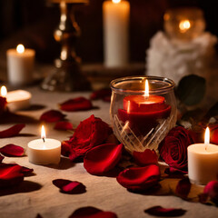 Romantic still life with rose petals. Deep reds, intimate details. Arrangement of scattered rose petals and candles. Romantic allure, creating a sensual and intimate atmosphere.